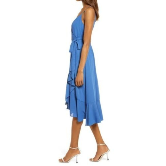 Lulus Manhattan Moment Blue Ruffled Midi Wrap Dress Size S - Picture 9 of 12